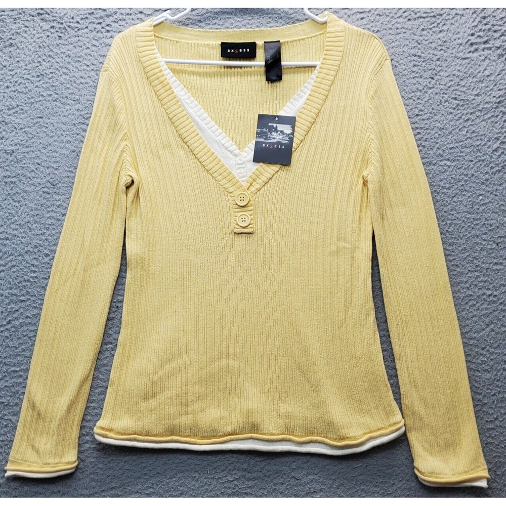 Axcess Sweater Womens Large Yellow Knit Lightweight Long Sleeve V Neck‎ Pullover